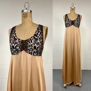 Vintage 70s Vanity Fair Two Tone Nightgown Leopard Print Nude Nylon Lounger 38 L